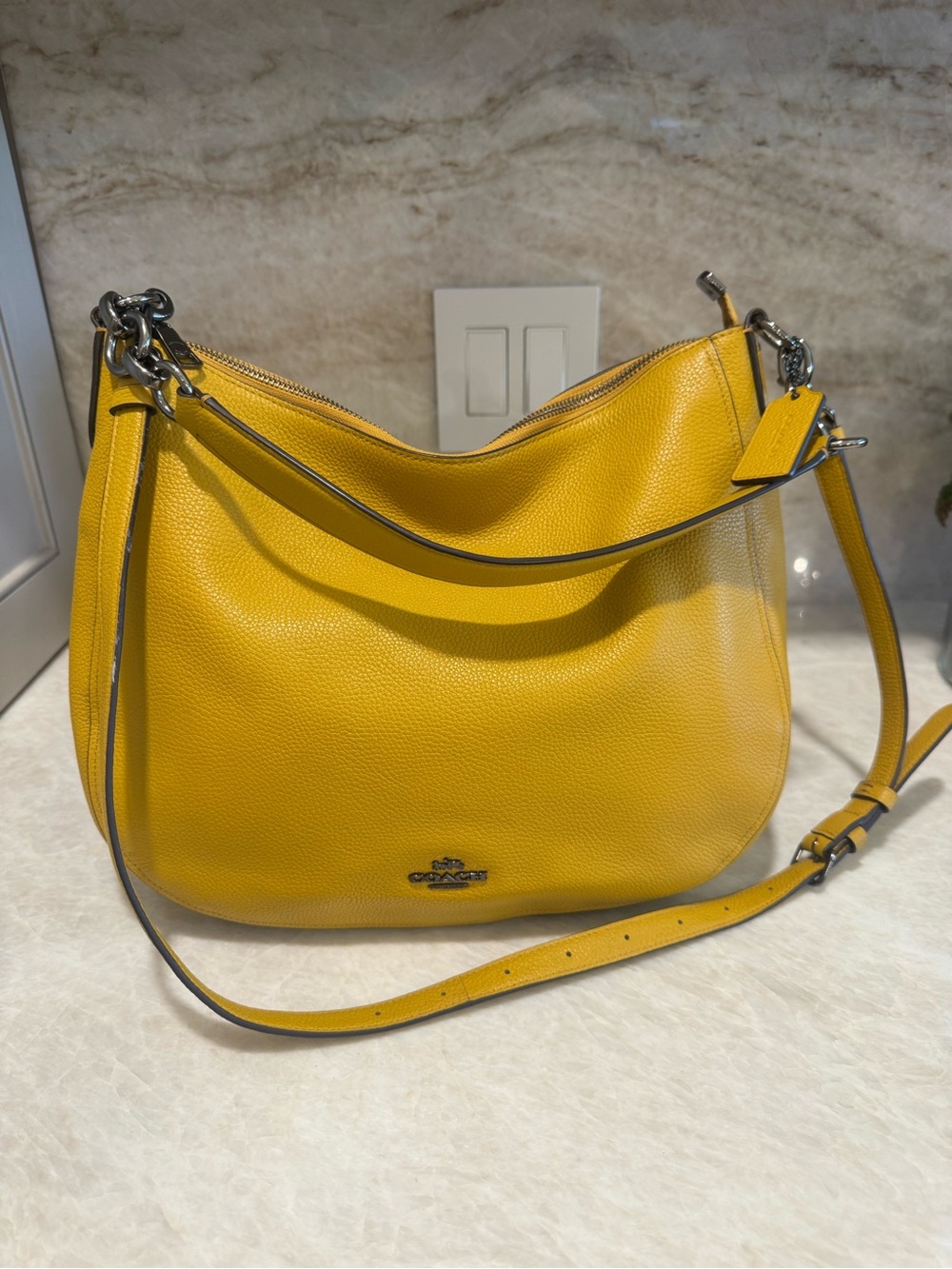 Coach F33000 Mustard Yellow Pebble Leather Hobo Crossbody Bag